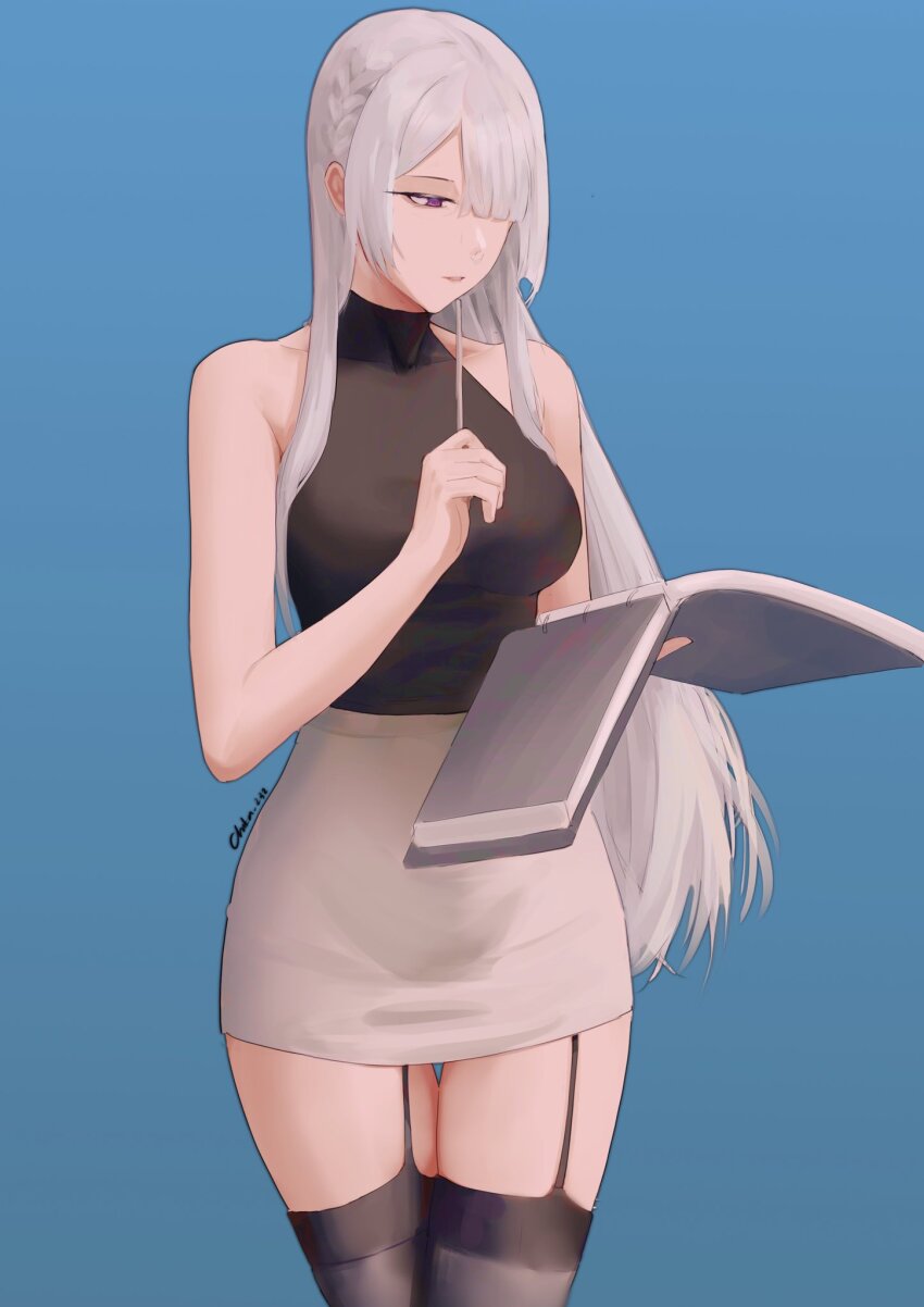 1girl, ak-15_(girls'_frontline), alternate_costume, blue_background, chika_232, folder, garter_straps, girls'_frontline