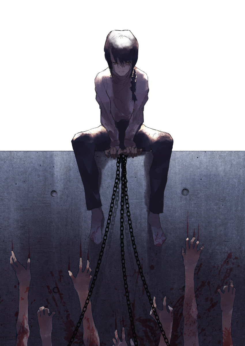 1girl, absurdres, black_hair, black_pants, blood, blood_on_wall, braid, chain