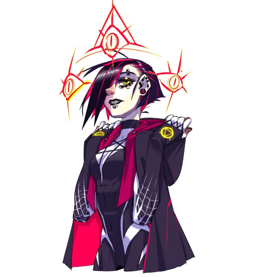 1girl, alternate_universe, animal_print, black_bodysuit, black_cape, black_choker, black_hair, black_lips