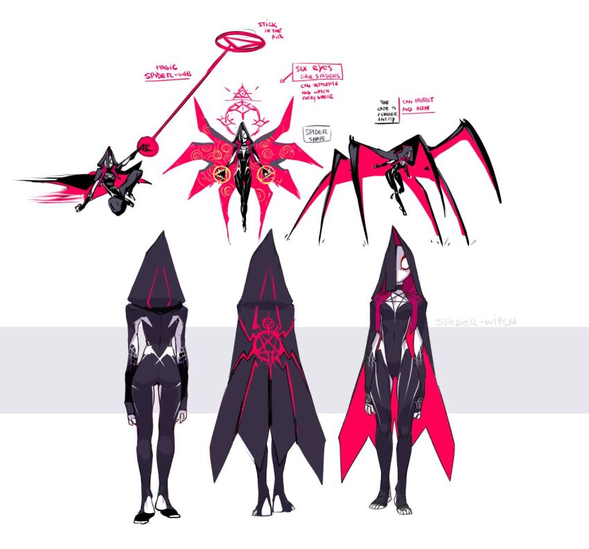 1girl, animal_print, arthropod_limbs, black_bodysuit, black_cape, bodysuit, cape, character_name, reference_sheet, commentary, english_commentary, english_text, gary_vanaka, highres, hood, hooded_cape, magic, magic_circle, marvel, multicolored_bodysuit, multiple_views, one_eye_covered, outstretched_arms, red_cape, simple_background, skin_tight, spandex, spider-man:_across_the_spider-verse, spider-man_(series), spider-verse, spider_print, spidersona, standing, superhero_costume, two-sided_cape, two-sided_fabric, two-tone_bodysuit, white_background, white_bodysuit, witch