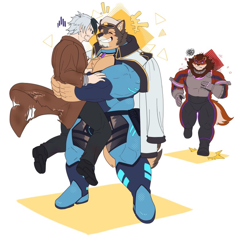 +++, 3boys, absurdres, animal_ears, annoyed, bara, bare_pectorals, blush