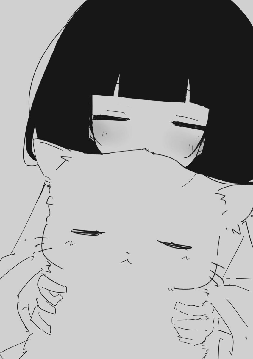 14u0, 1girl, :<, =_=, animal, blunt_bangs, cat, closed_eyes