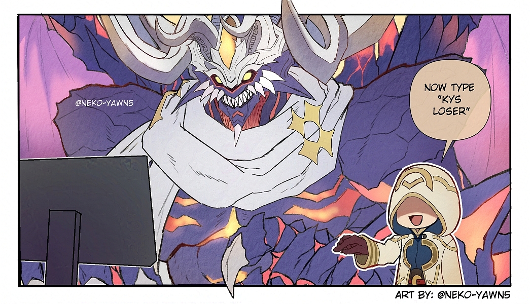 1boy, 1other, artist_name, brown_gloves, claws, commentary, demon_boy, demon_horns, demon_wings, english_commentary, fangs, fire_emblem, fire_emblem_heroes, fomortiis_(winter)_(fire_emblem), gloves, hooded_robe, horns, kiran_(fire_emblem), looking_at_screen, monitor, nintendo, nyawn5, pointing, robe, scarf, speech_bubble, twitter_username, typing, white_robe, white_scarf, wings