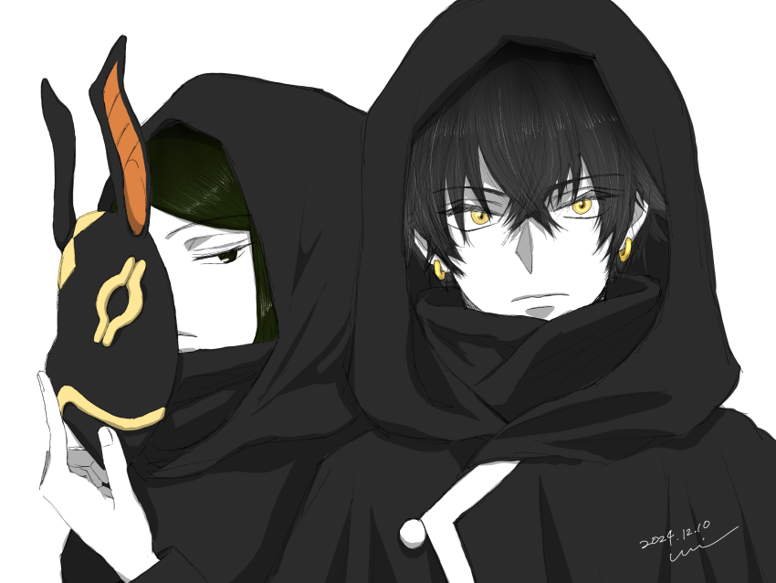 1boy, 1girl, azure_seth_fortna, black_hair, black_hoodie, closed_mouth, ear_piercing, earrings