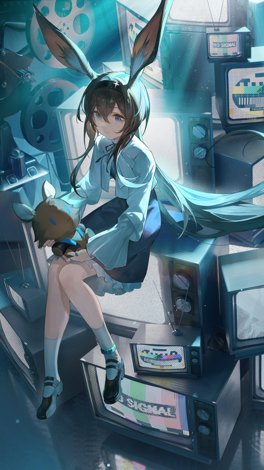 1girl, absurdres, alternate_costume, amiya_(arknights), animal_ears, arknights, black_ribbon, blue_eyes