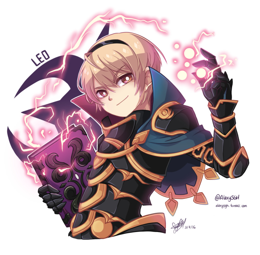 1boy, aristocratic_clothes, armor, black_armor, blonde_hair, book, brynhildr_(tome), cape