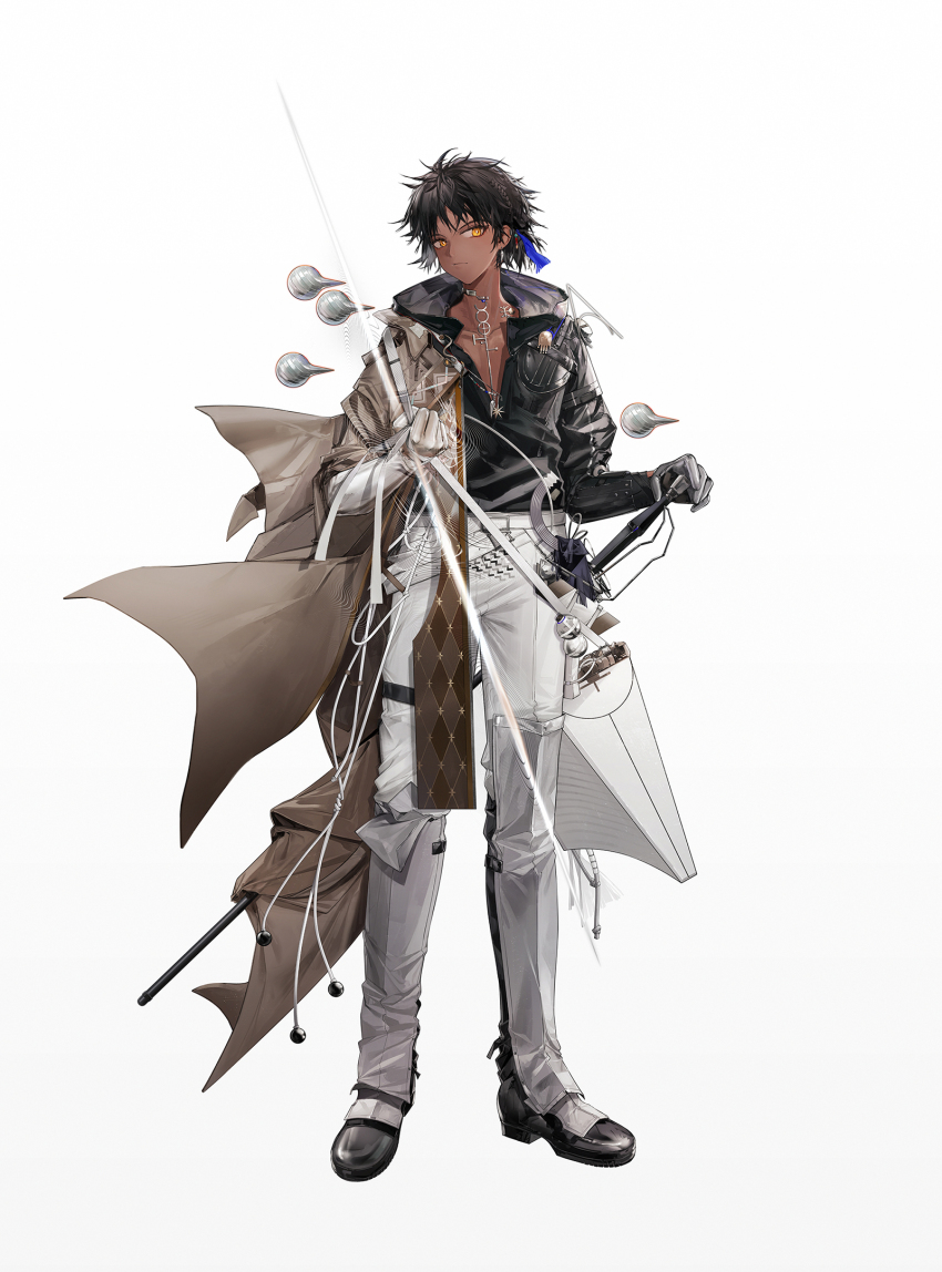 1boy, :/, arknights, armor, asymmetrical_gloves, asymmetrical_sleeves, belt, black_footwear