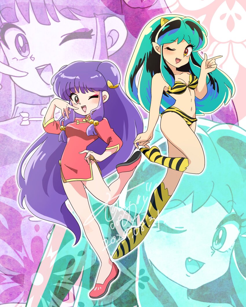 2girls, absurdres, animal_print, bell, bikini, chinese_clothes, dated, double_bun