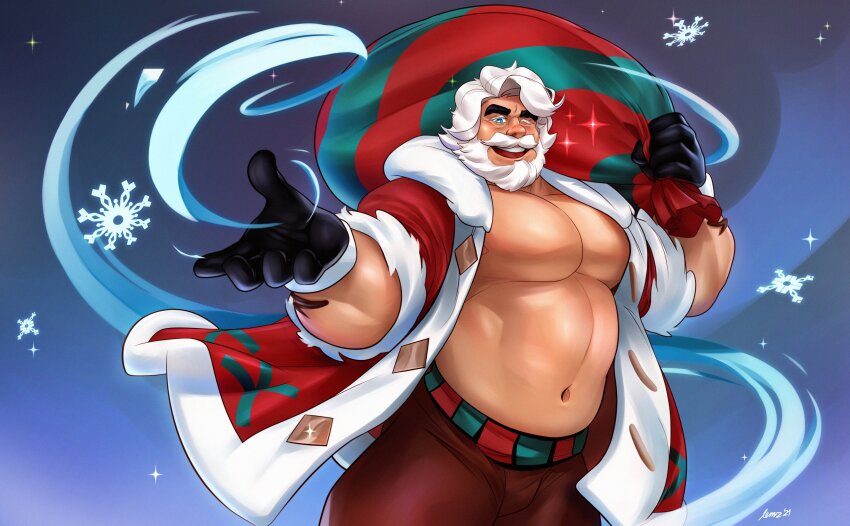 1boy, absurdres, bara, beard, belly, black_gloves, blue_eyes, commentary