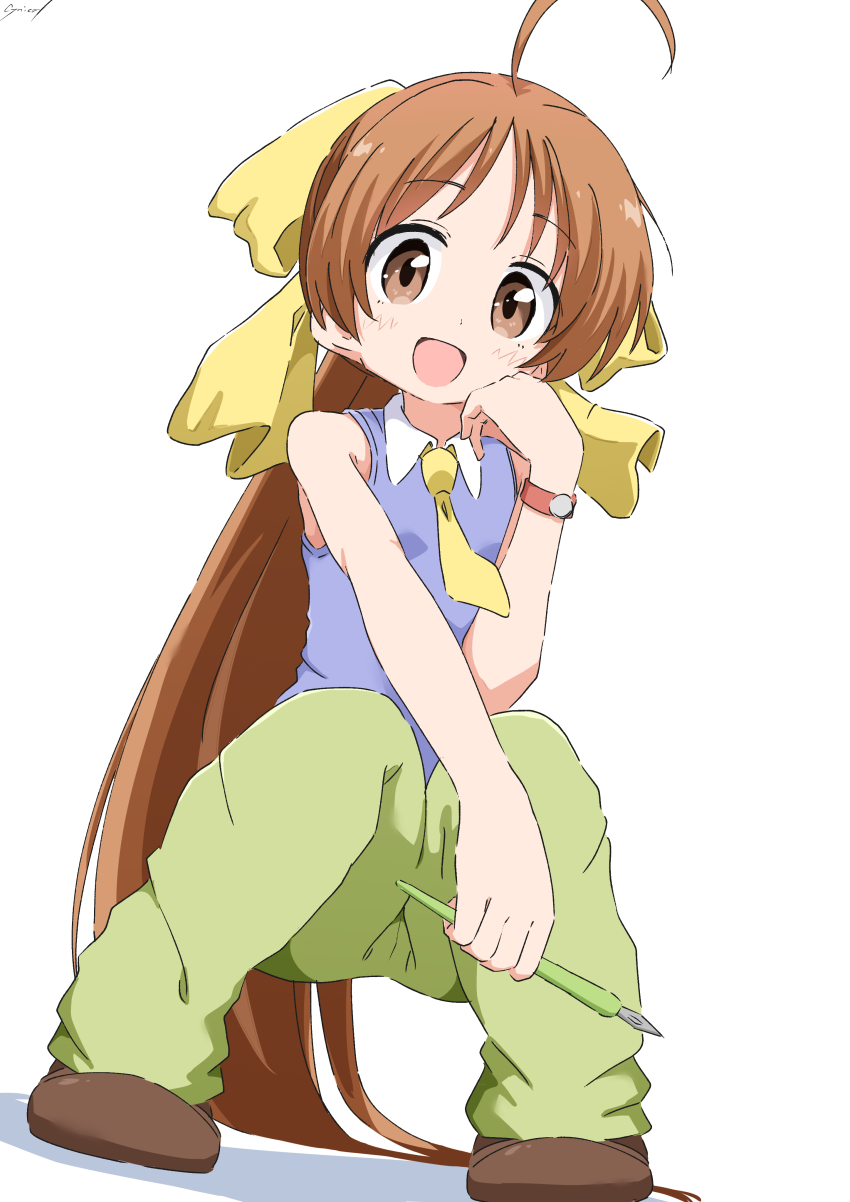 1girl, absurdres, antenna_hair, artist_name, bare_arms, bare_shoulders, brown_eyes, brown_hair