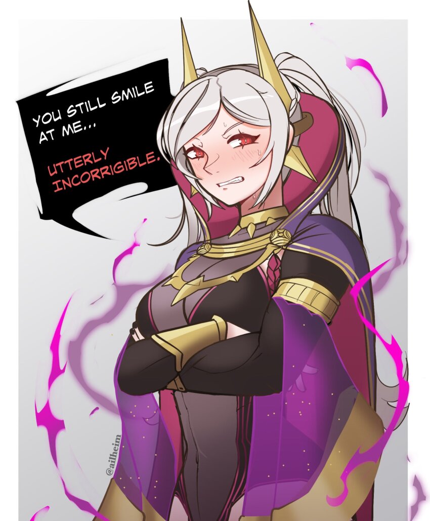 1girl, ailheim, armband, aura, blush, bodystocking, breasts, cape