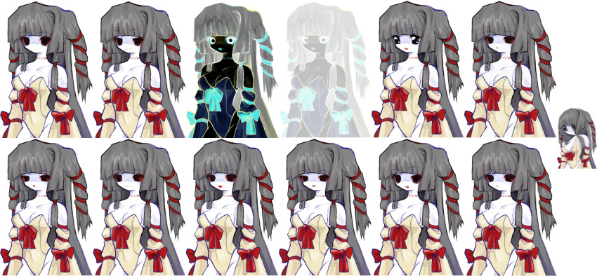 1girl, asymmetrical_hair, blunt_bangs, blunt_sidelocks, bow, breasts, cleavage, colored_sclera