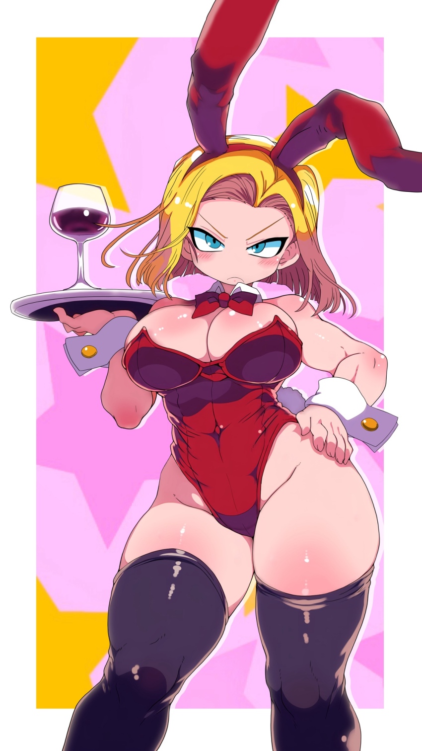 1girl, alcohol, android_18, animal_ears, blonde_hair, cup, dragon_ball, dragonball_z