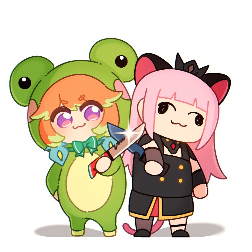 2girls, :3, animal_costume, animal_ears, animal_hood, black_dress, black_tiara, chibi