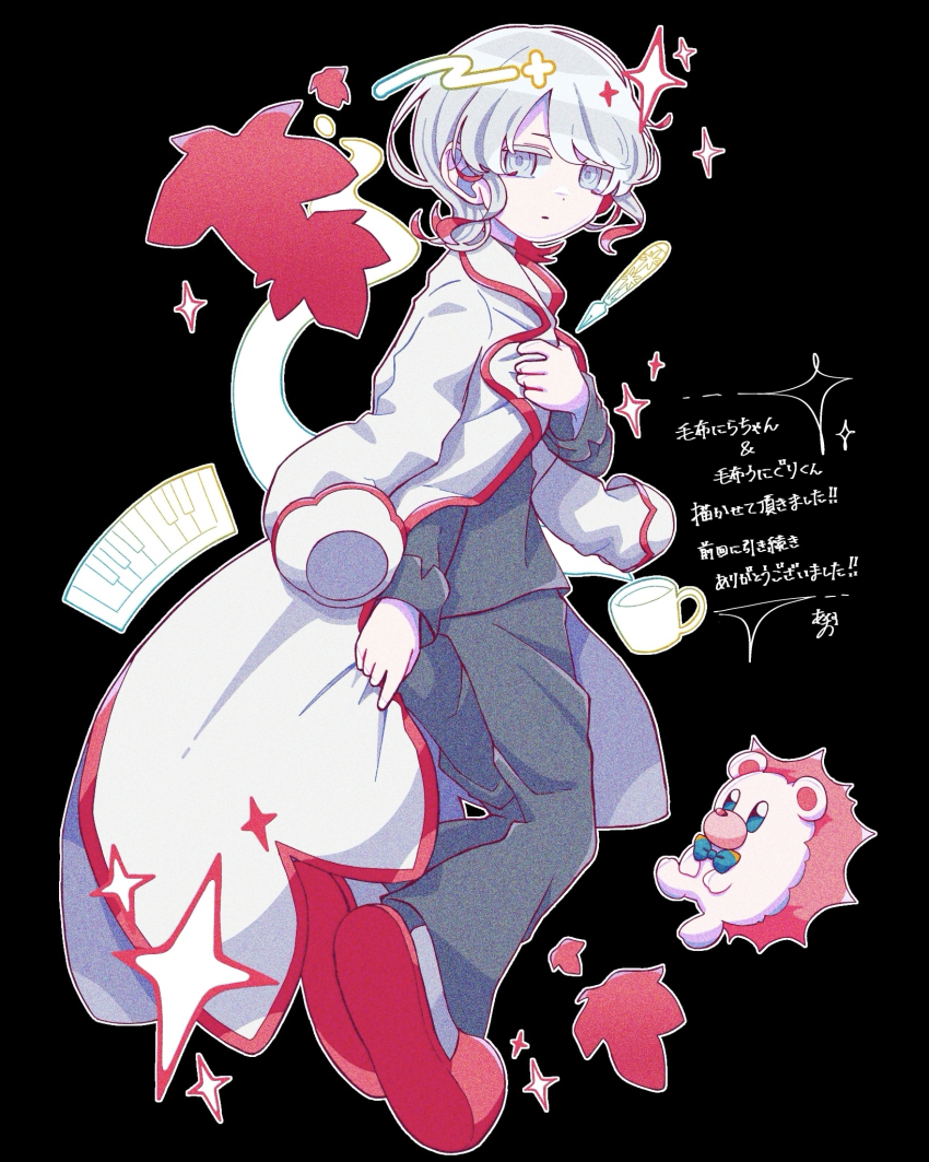 1girl, akao_(akao_red08), black_background, coat, colored_eyelashes, colored_inner_hair, grey_eyes, grey_pajamas