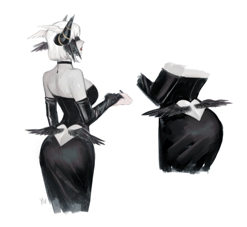 1girl, ass, back_cutout, bare_shoulders, black_choker, black_dress, black_gloves, black_horns