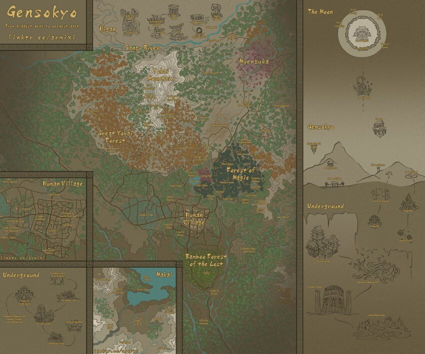 absurdres, armixi06, bamboo, bamboo_forest, castle, dream_world_(touhou), forest, gensokyo, hakurei_shrine, highres, lake, makai_(touhou), map, misty_lake, moon, mountain, mugenkan, nature, no_humans, river, scarlet_devil_mansion, shrine, spacecraft, temple, touhou, touhou_(pc-98), underground, village