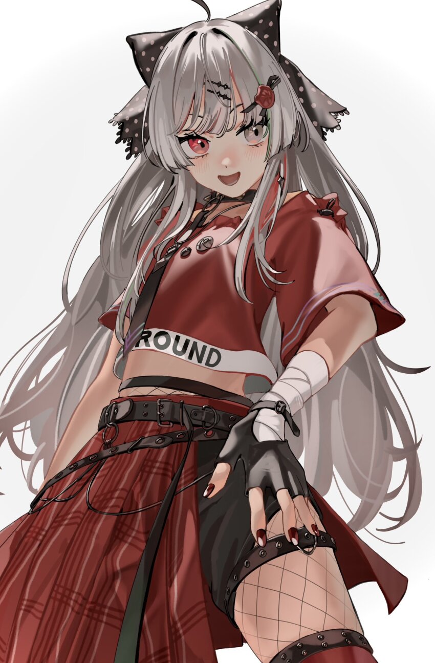 1girl, ahoge, badge, bandaged_arm, bandaged_wrist, bandages, belt_buckle, belt_collar, black_gloves, black_necktie, black_shorts, blunt_bangs, bow, buckle, clothes_writing, clothing_cutout, collar, cowboy_shot, cropped_shirt, fingerless_gloves, fishnet_pantyhose, fishnets, flower_hairpin, glove_cutout, gloves, grey_hair, hair_bow, hair_ornament, hair_over_shoulder, hairclip, half-skirt, heterochromia, highres, ishigami_nozomi, ishigami_nozomi_(1st_costume), leather_belt, long_hair, midriff, nail_polish, necktie, nijisanji, pantyhose, parallel_hairclips, plaid_clothes, plaid_skirt, red_nails, red_shirt, red_skirt, red_thighhighs, rippoutai_fuusen, shirt, short_sleeves, shorts, shorts_under_skirt, sidelocks, simple_background, skirt, smile, solo, thigh_strap, thighhighs, virtual_youtuber, white_background