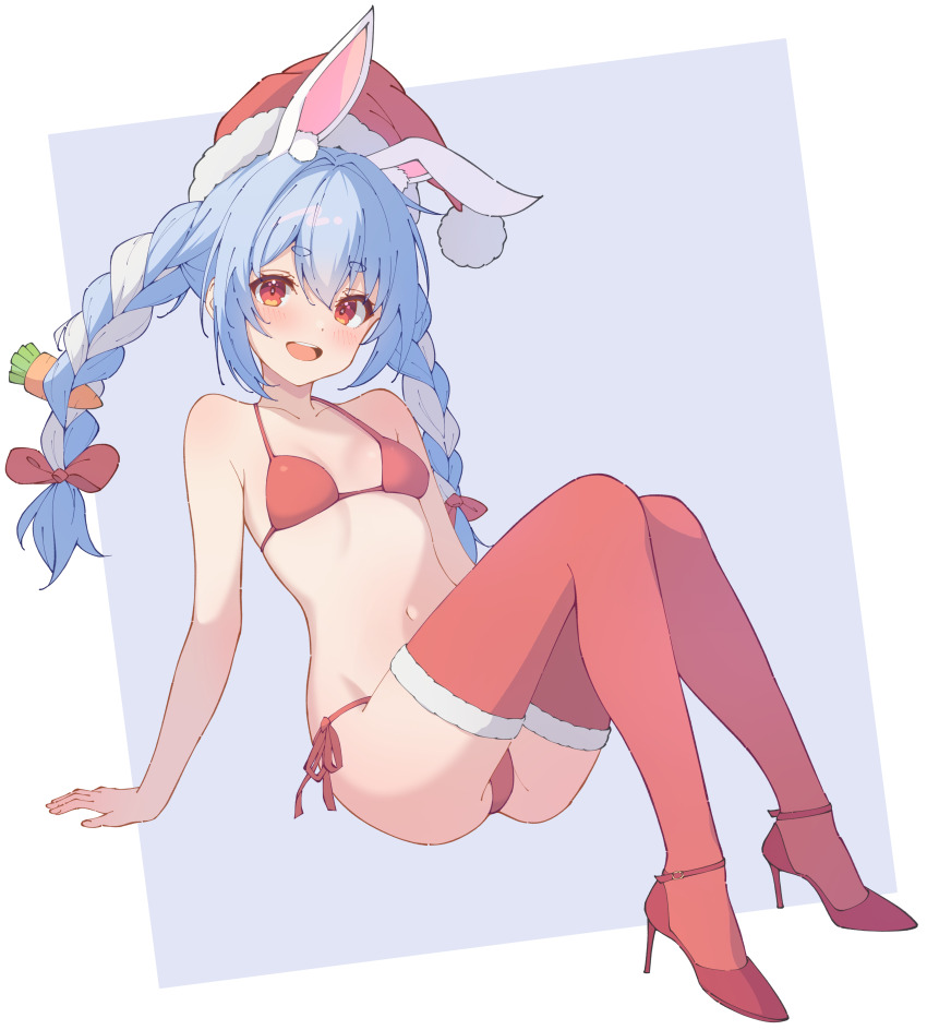 1girl, :d, absurdres, alternate_costume, animal_ear_fluff, animal_ears, bare_shoulders, bikini, blue_hair, blush, bow, braid, breasts, carrot_hair_ornament, collarbone, commentary_request, extra_ears, food-themed_hair_ornament, full_body, fur-trimmed_headwear, fur_trim, grey_background, hair_bow, hair_ornament, hat, high_heels, highres, hololive, invisible_chair, long_hair, looking_at_viewer, maccaron61, multicolored_hair, navel, open_mouth, rabbit_ears, red_bikini, red_bow, red_eyes, red_footwear, red_hat, red_ribbon, red_thighhighs, ribbon, santa_hat, side-tie_bikini_bottom, sitting, small_breasts, smile, solo, swimsuit, teeth, thighhighs, twin_braids, two-tone_background, two-tone_hair, upper_teeth_only, usada_pekora, virtual_youtuber, white_background, white_hair