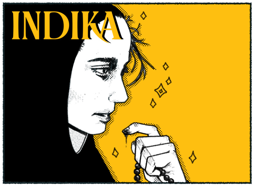 1girl, bags_under_eyes, blood, border, character_name, commentary, copyright_name, english_commentary, from_side, greyscale, habit, holding_rosary, indika, indika_(character), jellyghost, looking_ahead, monochrome, nun, nun_headdress, parted_lips, solo, sparkle, traditional_nun, white_border, yellow_background