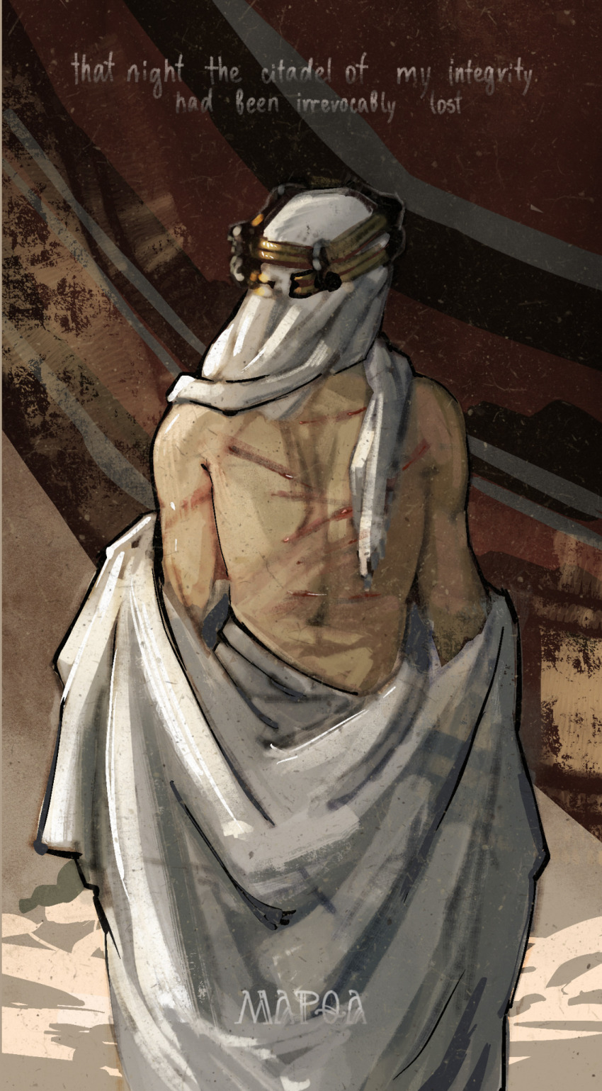 1boy, back, bare_back, bruise, commentary, english_commentary, english_text, facing_away, from_behind, highres, injury, keffiyeh, lawrence_of_arabia, male_focus, marfa-g, robe_slip, signature, t._e._lawrence, topless_male, whip_marks
