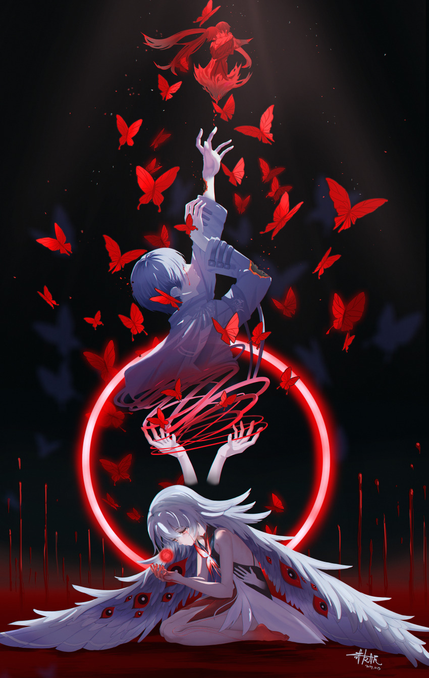 absurdres, bare_arms, bare_legs, bare_shoulders, blood, bloody_tears, bug, butterfly