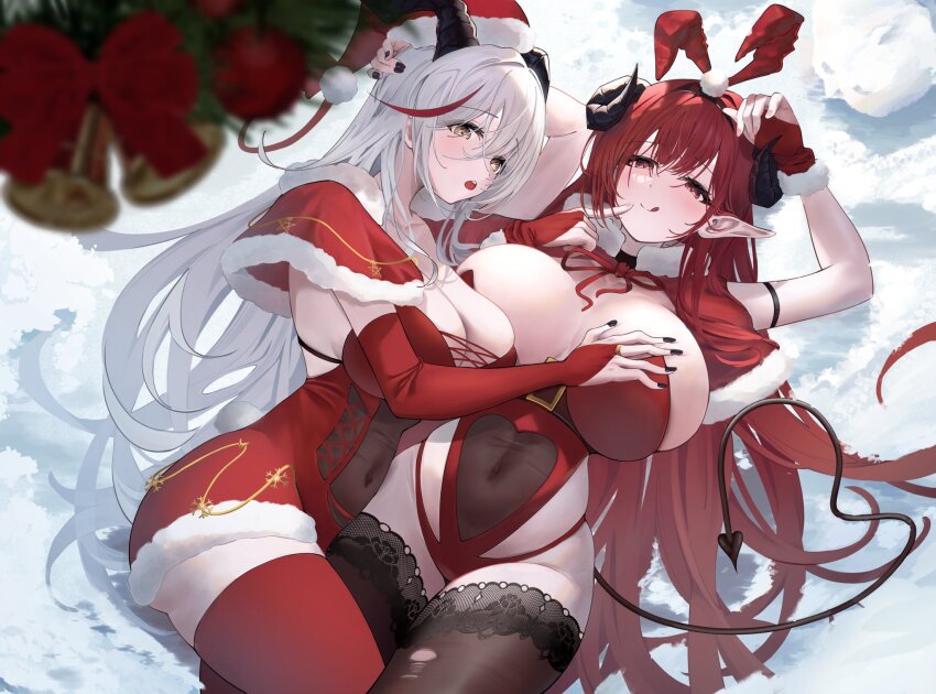 2girls, aegir_(azur_lane), azipou, azur_lane, black_horns, black_nails, black_thighhighs, breasts, christmas, covered_navel, curled_horns, demon_girl, demon_horns, demon_tail, from_above, hand_on_another's_chest, heart, heart_tail, highres, hindenburg_(azur_lane), horns, huge_breasts, lace, lace-trimmed_thighhighs, lace_trim, licking_lips, light_blush, long_hair, lying, manjuu_(azur_lane), multiple_girls, on_back, pointy_ears, red_eyes, red_hair, red_thighhighs, santa_costume, snow, tail, thighhighs, tongue, tongue_out, torn_clothes, torn_thighhighs, very_long_hair