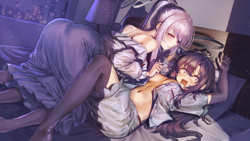 2girls, arm_up, ass, bare_shoulders, black_halo, blue_archive, blue_eyes, blue_hair, blue_shirt, blue_shorts, breasts, caught, commentary, dress, frilled_dress, frills, girl_on_top, halo, highres, indoors, knee_up, long_sleeves, mechanical_halo, medium_breasts, mitochondrion, multiple_girls, navel, night, no_bra, noa_(blue_archive), noa_(pajamas)_(blue_archive), off_shoulder, official_alternate_costume, on_bed, open_clothes, open_shirt, purple_eyes, shirt, shorts, white_dress, white_hair, white_halo, wide-eyed, yuri, yuuka_(blue_archive), yuuka_(pajamas)_(blue_archive)