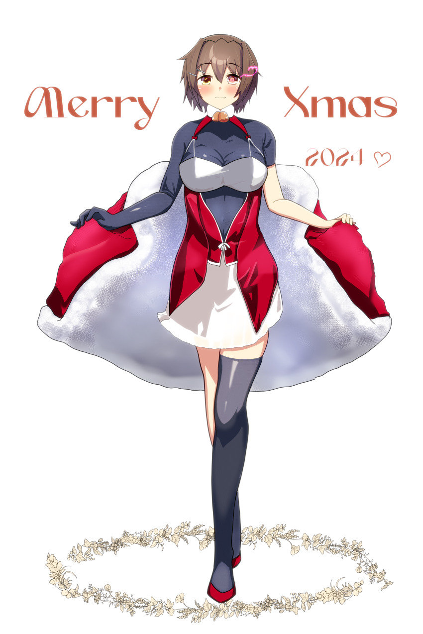 1girl, 2024, absurdres, alternate_costume, asymmetrical_bodysuit, black_thighhighs, breasts, brown_hair