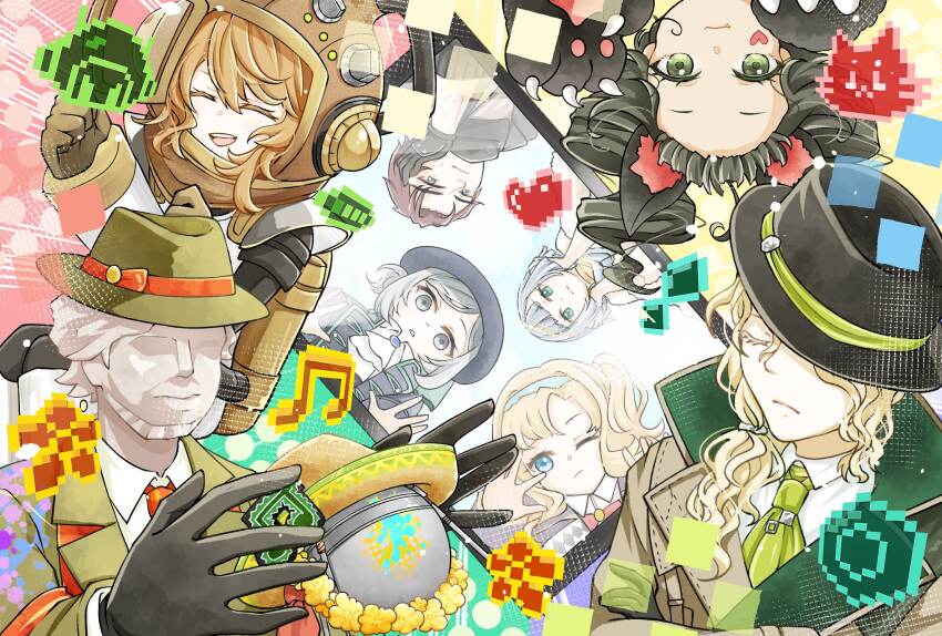 3boys, 5girls, 6_(reverse:1999), 6_(time_and_location)_(reverse:1999), :3, ;/, ^_^, against_glass