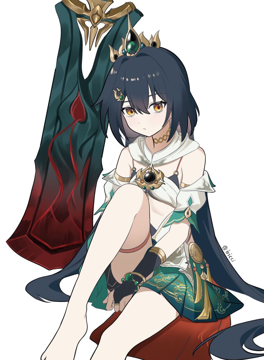 1girl, absurdres, armlet, bare_shoulders, barefoot, black_bra, black_hair, bra