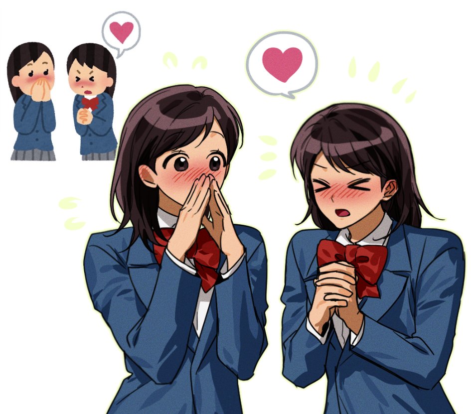 >_<, 17_00, 2girls, black_hair, black_jacket, blush, bow, bowtie, collared_shirt, confession, grey_skirt, heart, irasutoya, irasutoya_challenge, jacket, medium_hair, multiple_girls, pleated_skirt, red_bow, red_bowtie, school_uniform, shirt, skirt, white_background, white_shirt, yuri