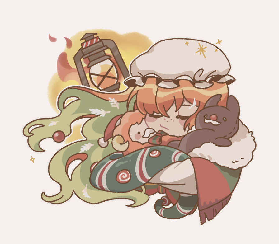 1girl, :t, blush_stickers, cape, chibi, christmas_nightmare_(e.g.o), closed_eyes, e.g.o_(project_moon)