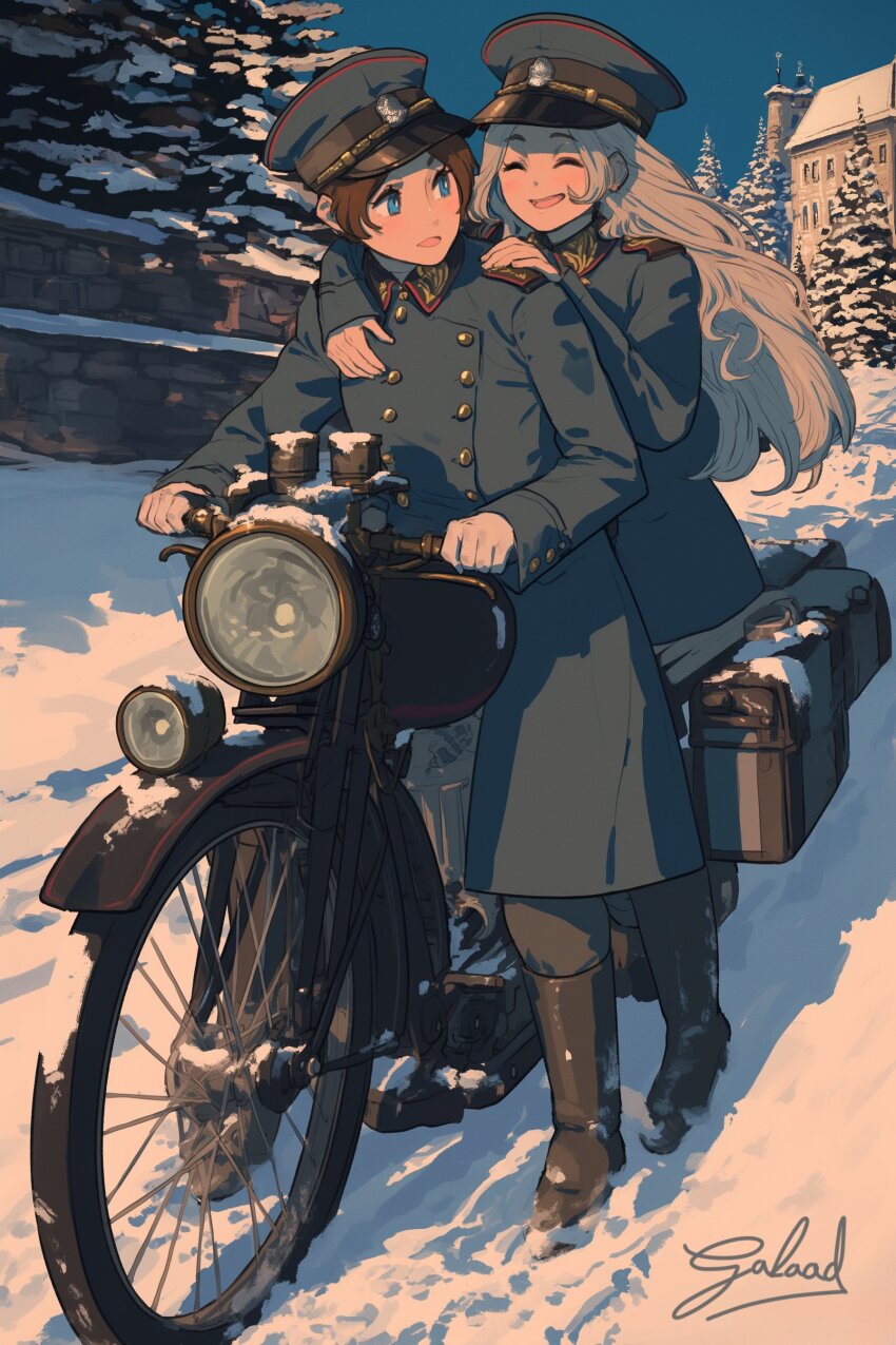 2girls, absurdres, artist_name, blue_eyes, boots, brown_hair, chimney, closed_eyes