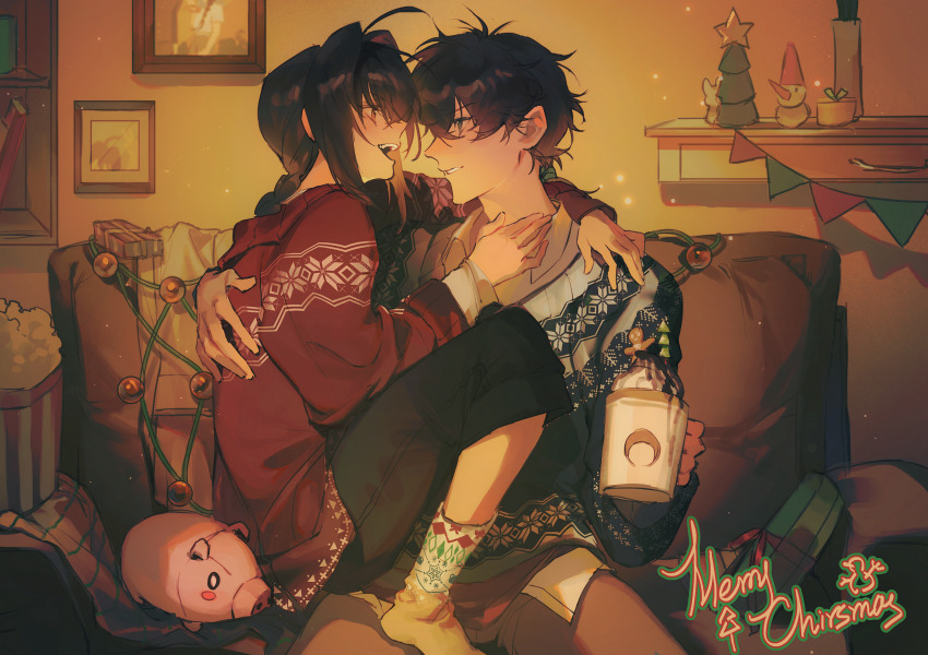 1boy, 1other, absurdres, ahoge, aizendai, androgynous, black_hair, blue_eyes, blush, braid, braided_ponytail, couch, cup, doll, fate/grand_order, fate/samurai_remnant, fate_(series), from_side, highres, holding, holding_cup, hug, indoors, long_sleeves, looking_at_another, merry_christmas, miyamoto_iori_(fate), on_couch, open_mouth, orange_eyes, other_with_male, pants, profile, shirt, sidelocks, single_braid, sitting, sitting_on_lap, sitting_on_person, slice_of_life, smile, socks, stuffed_animal, stuffed_pig, stuffed_toy, sweater, yamato_takeru_(fate)