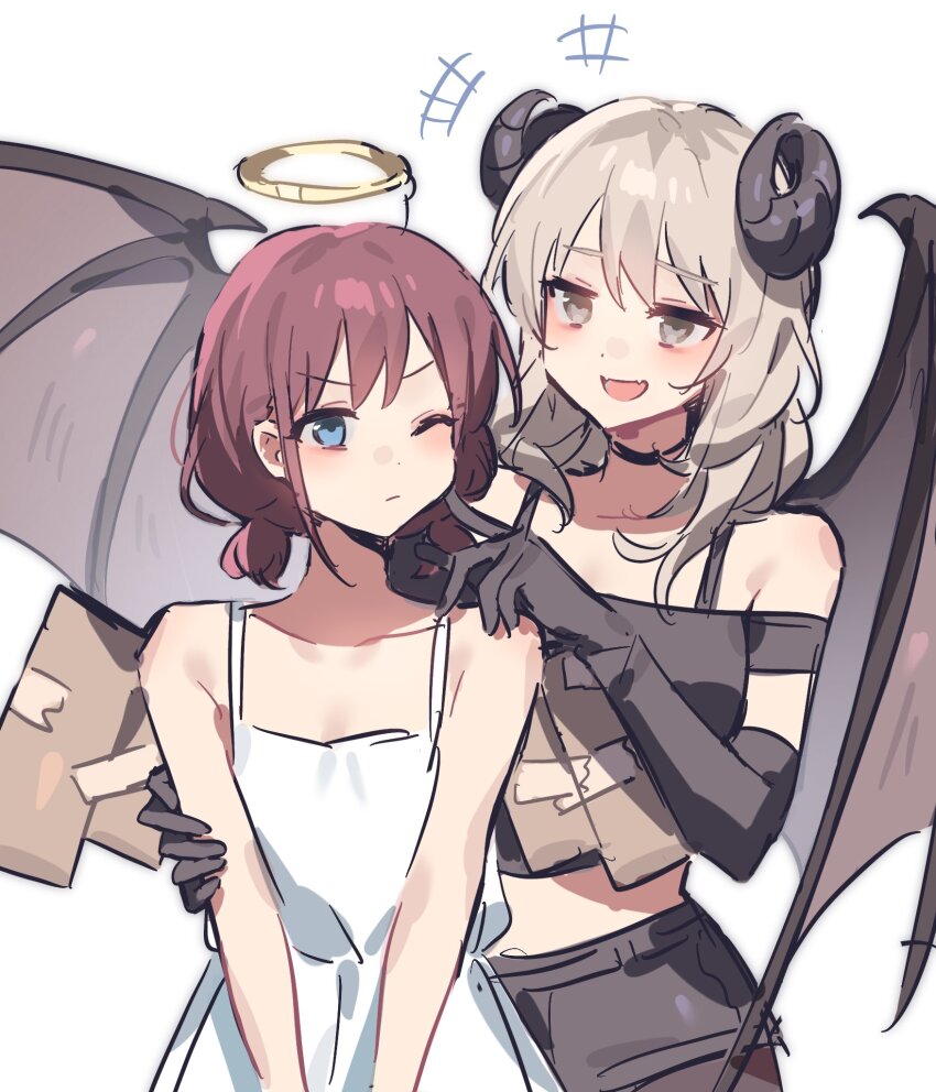 2girls, angel_and_devil, blue_eyes, cardboard, cheek_poking, chills_210, cowboy_shot, demon_girl, demon_horns, demon_wings, dress, elbow_gloves, fake_halo, fake_wings, girls_band_cry, gloves, grey_eyes, grey_hair, halo, heart, heart_in_eye, highres, horns, iseri_nina, kawaragi_momoka, medium_hair, multiple_girls, one_eye_closed, open_mouth, poking, red_hair, short_hair, shorts, simple_background, smile, symbol_in_eye, white_background, white_dress, wings, yuri