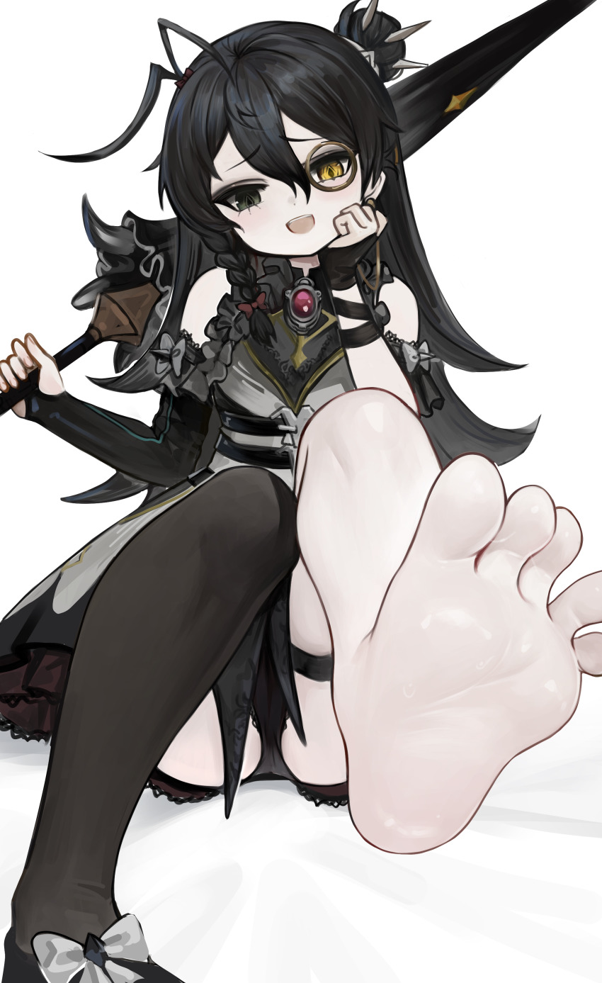 1girl, absurdres, asymmetrical_bangs, asymmetrical_legwear, asymmetrical_sleeves, barefoot, black_dress, black_hair, black_panties, braid, darture_(girls'_frontline_2), dokomon, dress, feet, foot_focus, girls'_frontline, girls'_frontline_2:_exilium, green_eyes, hair_bun, heterochromia, highres, holding, holding_umbrella, long_hair, mesugaki, monochrome, panties, simple_background, single_hair_bun, single_thighhigh, sitting, soles, thigh_strap, thighhighs, toes, umbrella, underwear, yellow_eyes