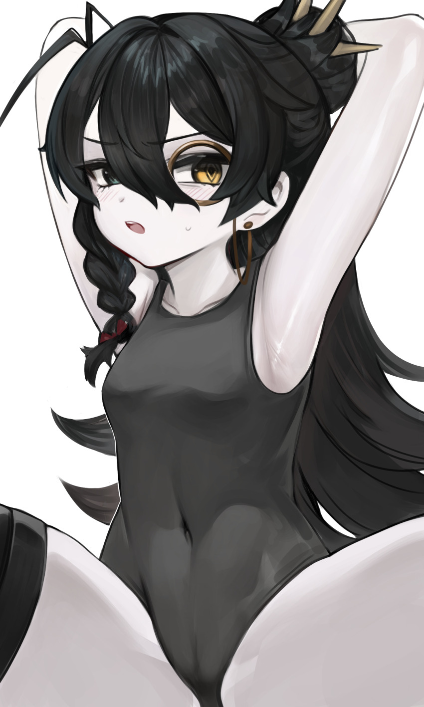 1girl, absurdres, alternate_costume, armpits, arms_behind_head, black_hair, black_one-piece_swimsuit, blush, braid, cameltoe, covered_navel, darture_(girls'_frontline_2), dokomon, girls'_frontline, girls'_frontline_2:_exilium, green_eyes, hair_bun, heterochromia, highres, long_hair, monocle, one-piece_swimsuit, single_hair_bun, solo, spread_legs, swimsuit, white_background, yellow_eyes