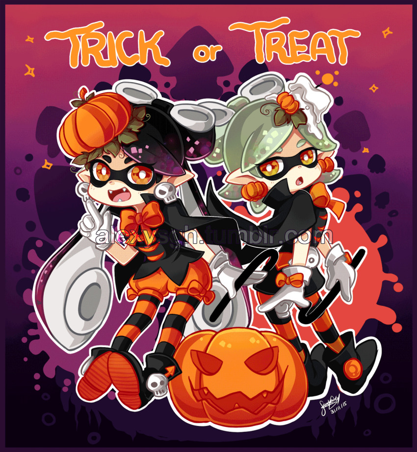 +_+, 2girls, animated, animated_gif, black_hair, bow-shaped_hair, callie_(splatoon), candle_hair_ornament