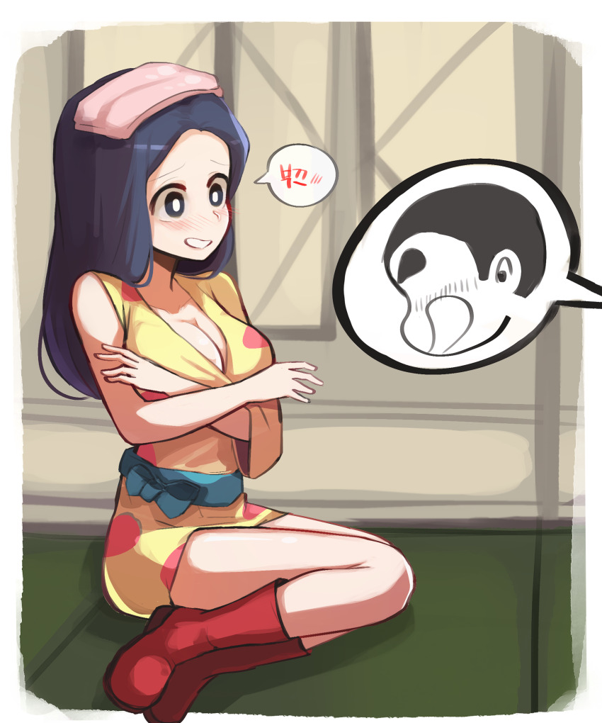 1girl, absurdres, bare_legs, bare_shoulders, belt, black_eyes, black_hair, blush