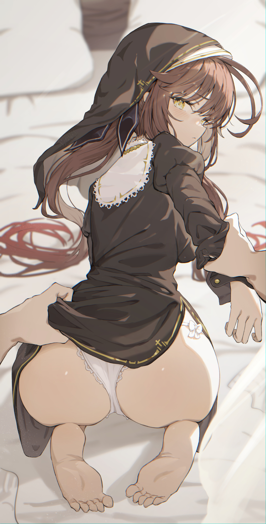 1girl, absurdres, alternate_costume, antenna_hair, ass, barefoot, black_dress, closed_mouth, commentary, dress, english_commentary, from_behind, full_body, girls'_frontline, grabbing_another's_arm, highres, lemures, lifting_another's_clothes, long_hair, looking_at_viewer, looking_back, m14_(girls'_frontline), nun, on_bed, panties, pillow, pov, pov_hands, soles, toes, underwear, white_panties, yellow_eyes