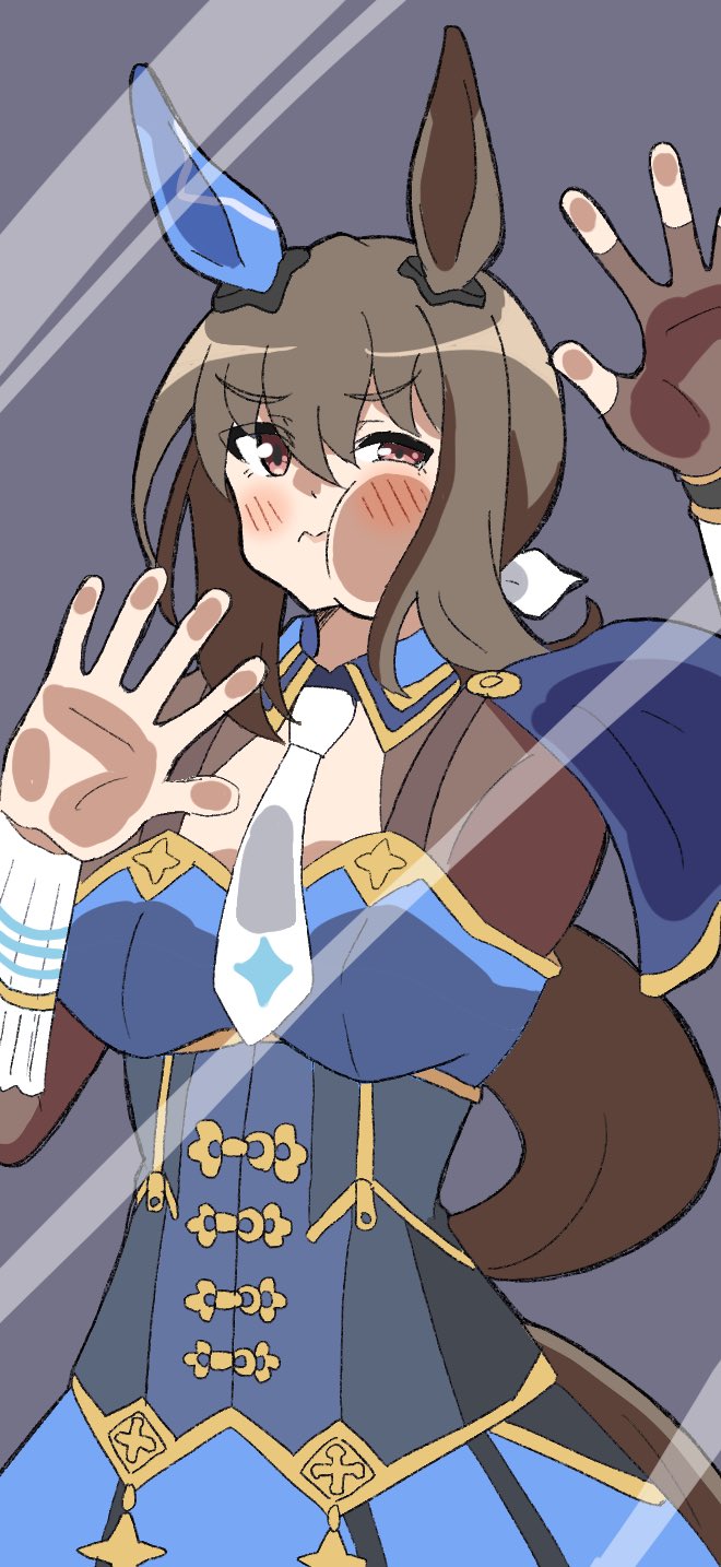 1girl, admire_vega_(umamusume), against_glass, animal_ears, aoi_tenjiku, blush, breasts, brown_hair