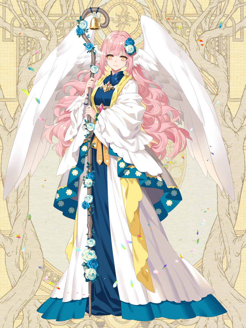1girl, bell, blue_flower, dairoku_ryouhei, dress, ena_(tommy_walker), flower, full_body, hair_flower, hair_ornament, head_wings, highres, holding, holding_staff, iris_petal, long_hair, looking_at_viewer, petals, pink_hair, shepherd's_crook, smile, solo, staff, standing, white_wings, wings, yellow_background, yellow_eyes