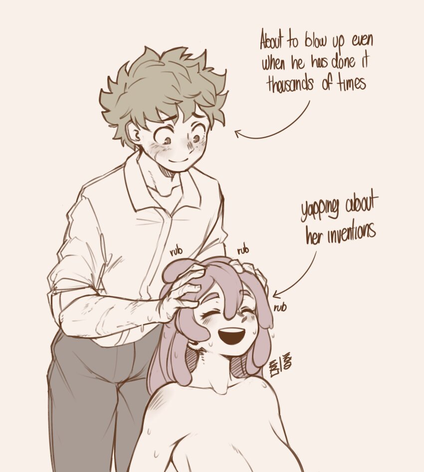 1boy, 1girl, absurdres, boku_no_hero_academia, breasts, closed_mouth, clothed_male_nude_female, collarbone, collared_shirt, completely_nude, cowboy_shot, erusensei, hatsume_mei, highres, large_breasts, looking_at_another, medium_hair, midoriya_izuku, nude, pants, scar, scar_on_arm, shirt, short_hair, simple_background, smile, sweat, washing_hair