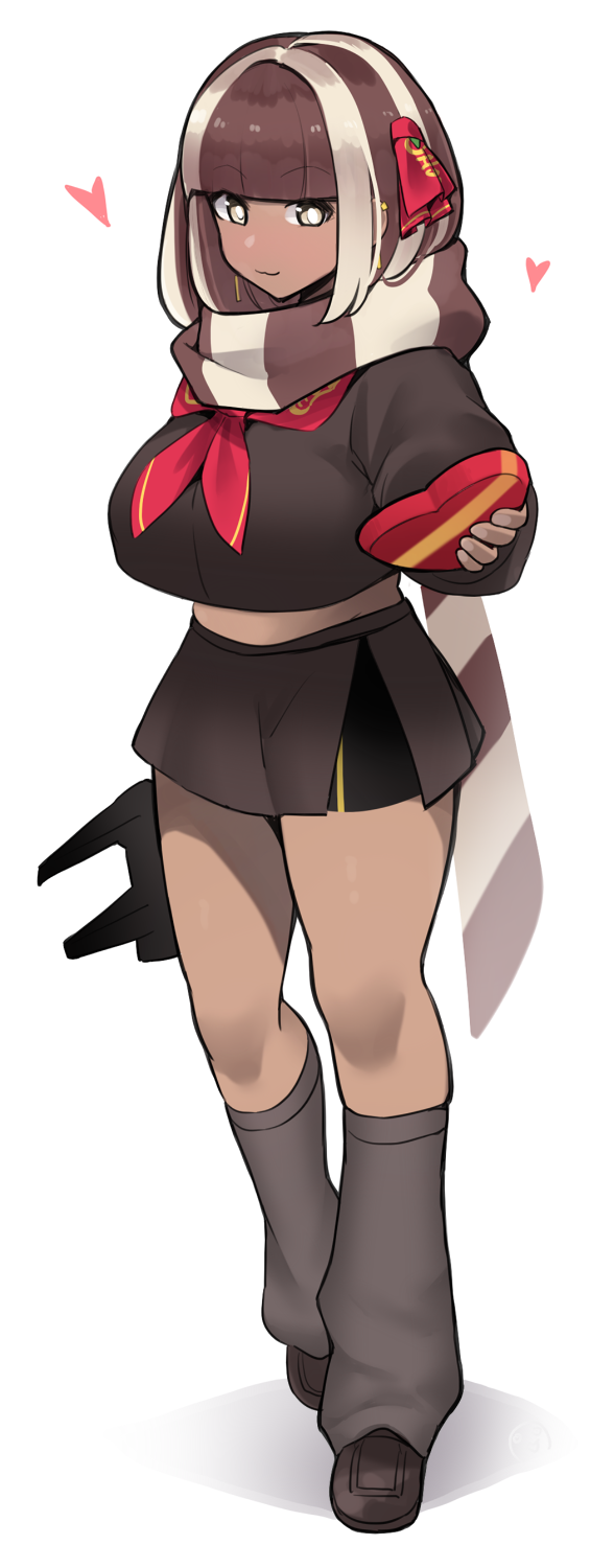 1girl, :3, bike_shorts, bike_shorts_under_skirt, black_shirt, black_shoes, black_skirt, black_socks, box, box_of_chocolates, breasts, brown_eyes, brown_hair, brown_scarf, chocodon_gochizou, dark_skin, ditienan_ddn, earrings, gun, hair_ribbon, heart, highres, holding, holding_gun, holding_weapon, jewelry, kamen_rider, kamen_rider_gavv_(series), kamen_rider_valen, kneehighs, large_breasts, long_sleeves, looking_at_viewer, loose_socks, midriff, multicolored_hair, neckerchief, personification, red_neckerchief, red_ribbon, ribbon, rider-tan, scarf, school_uniform, shirt, shoes, short_hair, skirt, smile, socks, standing, streaked_hair, striped_clothes, striped_scarf, valenbuster, valentine, weapon, white_background, white_hair