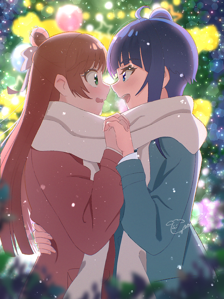 2girls, ahoge, blue_coat, blue_eyes, blue_hair, blush, christmas_lights, christmas_ornaments, christmas_tree, coat, green_eyes, hair_bun, hair_ribbon, highres, hirogaru_sky!_precure, holding_hands, long_hair, long_sleeves, medium_hair, multiple_girls, namcho, nijigaoka_mashiro, open_mouth, pink_coat, pink_hair, precure, ribbon, scarf, shirt, side_ponytail, signature, single_hair_bun, single_sidelock, snowing, sora_harewataru, white_ribbon, white_scarf, white_shirt, yuri