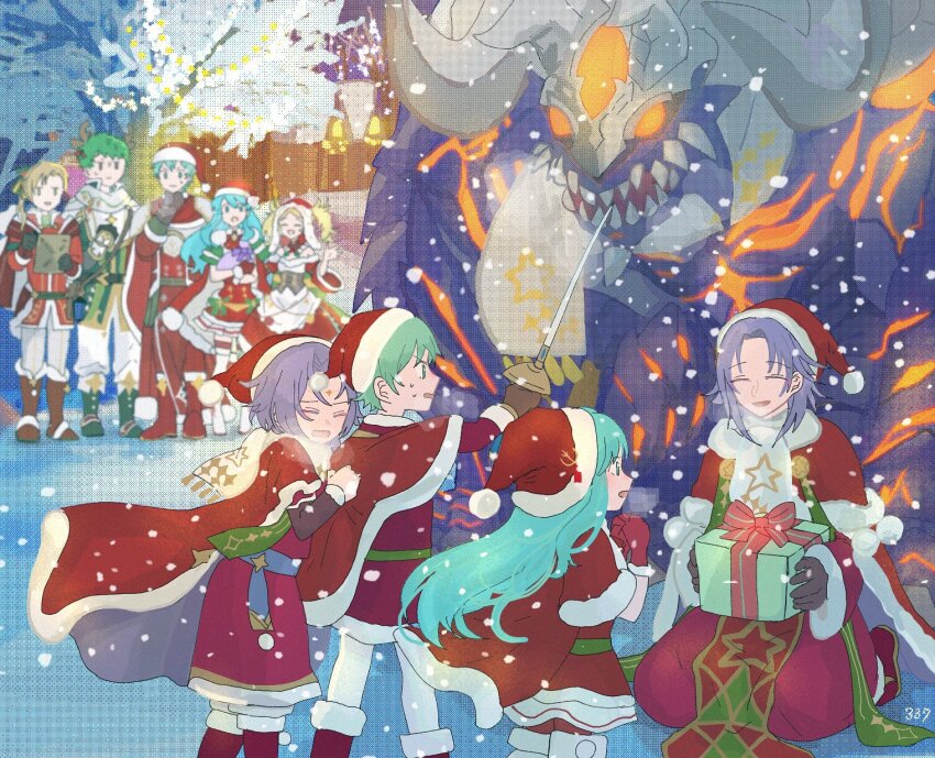 3girls, 6+boys, aged_down, cape, capelet, christmas, commentary_request, demon