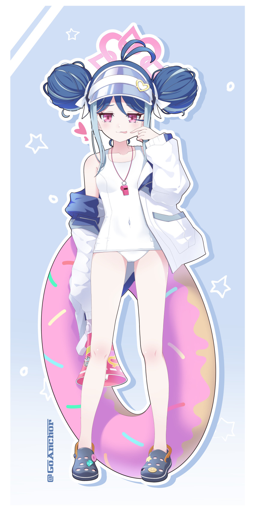1girl, absurdres, antenna_hair, blue_archive, blue_hair, border, cheek_pinching, covered_navel, crocs, double_bun, donut_innertube, fubuki_(blue_archive), fubuki_(swimsuit)_(blue_archive), full_body, goanchor, hair_bun, halo, heart, highres, holding, holding_megaphone, innertube, jacket, long_sleeves, megaphone, multicolored_hair, one-piece_swimsuit, pinching, pink_eyes, pink_halo, puffy_long_sleeves, puffy_sleeves, solo, standing, streaked_hair, swim_ring, swimsuit, thighs, twitter_username, visor_cap, whistle, whistle_around_neck, white_border, white_jacket, white_one-piece_swimsuit