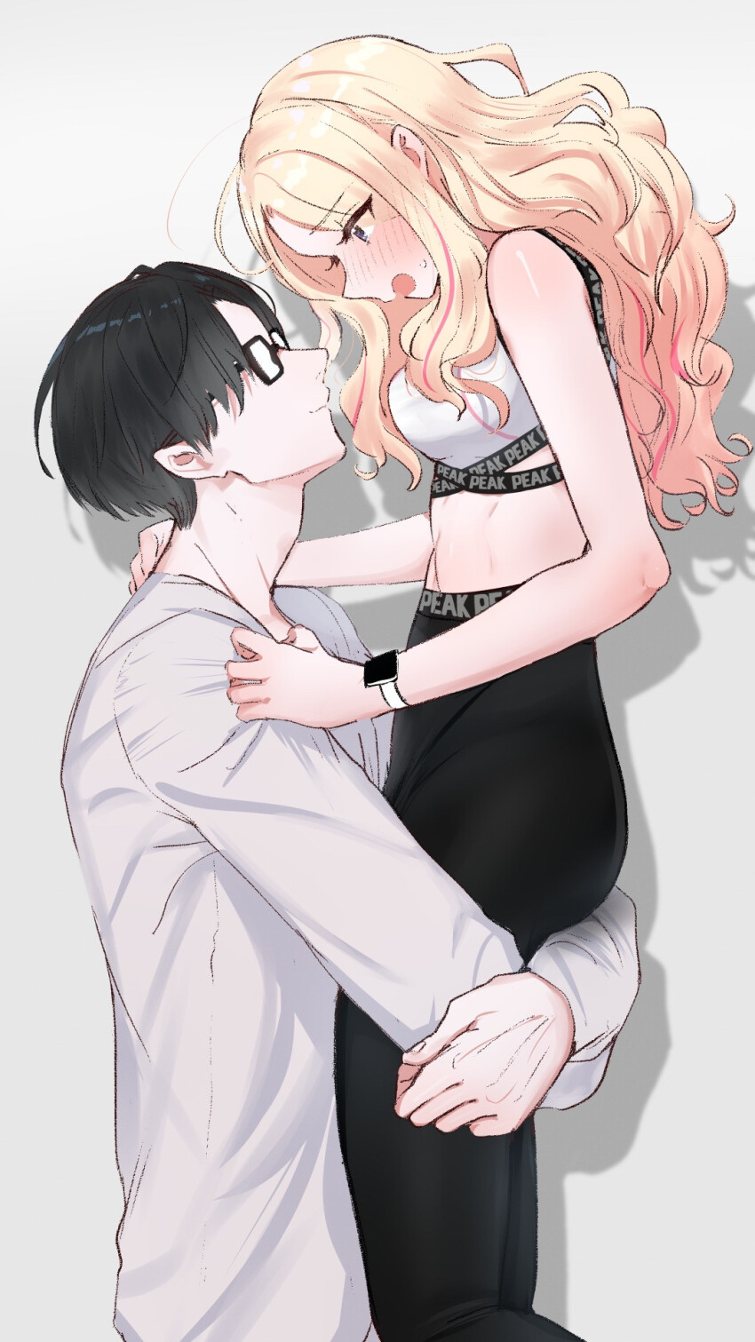 1boy, 1girl, black-framed_eyewear, black_hair, black_leggings, blonde_hair, blush, commentary_request, facing_another, gakuen_idolmaster, glasses, hetero, highres, hugging_another's_leg, idolmaster, juo_sena, kasasagi_(futagodori888), leggings, lifting_person, multicolored_hair, open_mouth, pink_hair, producer_(idolmaster), profile, shirt, smartwatch, sports_bra, streaked_hair, two-tone_hair, watch, white_shirt, white_sports_bra, wristwatch