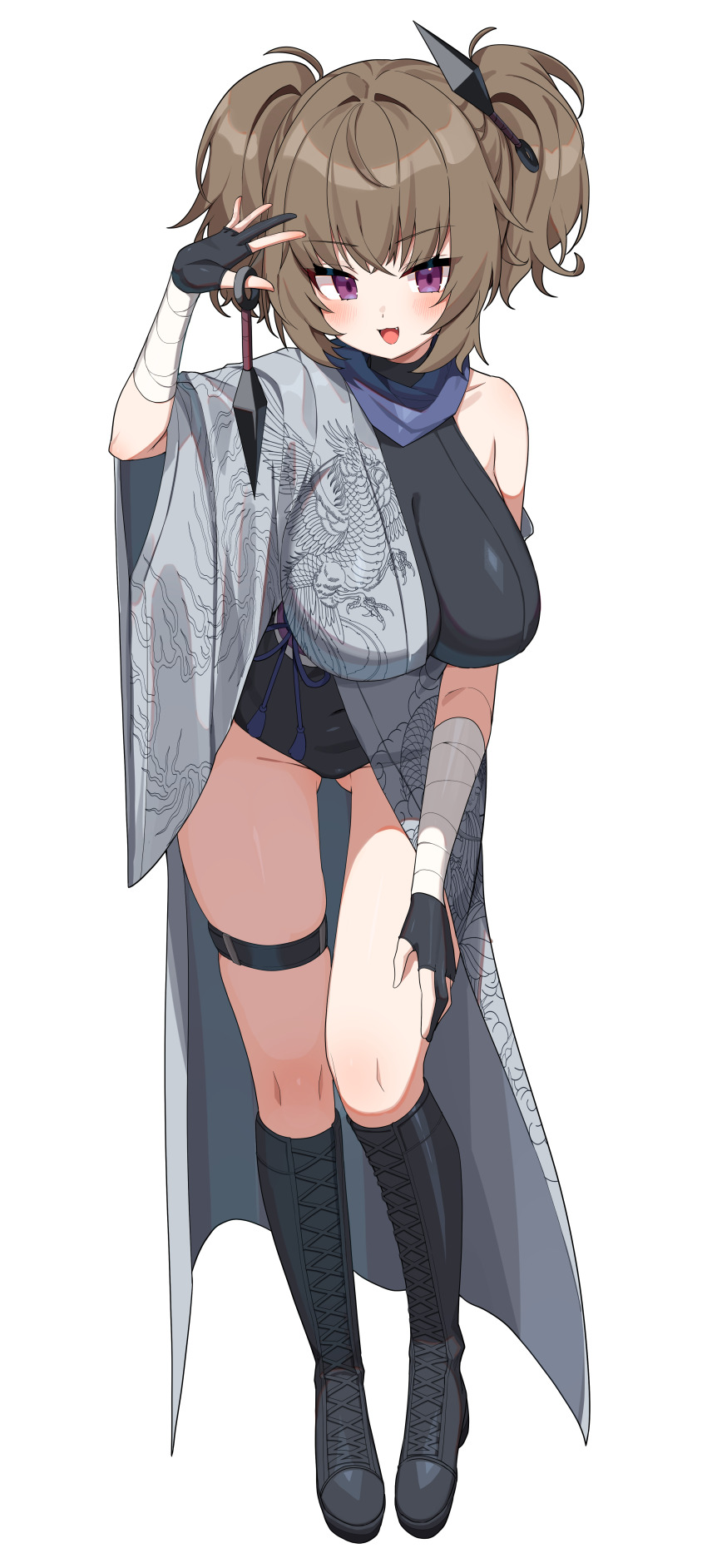 1girl, absurdres, bandaged_arm, bandages, bare_shoulders, black_boots, black_gloves, black_leotard, boots, breasts, brown_hair, cleavage, commission, covered_navel, dagger, fang, full_body, gloves, gluteal_fold, grey_haori, hand_up, highres, holding, holding_dagger, holding_knife, holding_weapon, knee_boots, knife, kunai, lace-up_boots, large_breasts, leaning_forward, leotard, long_hair, long_sleeves, looking_at_viewer, ninja, open_mouth, original, partially_fingerless_gloves, purple_eyes, scarf, second-party_source, see-through_cleavage, see-through_clothes, simple_background, smile, solo, standing, thigh_strap, thighs, twintails, w.k, weapon, white_background, wide_sleeves